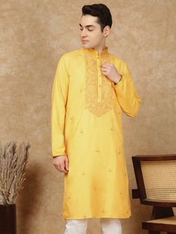Sanwara - Men's Yellow Festive Silk Embroidered Kurta