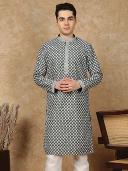 Sanwara - Men's Navy Blue Festive Silk Embroidered Kurta