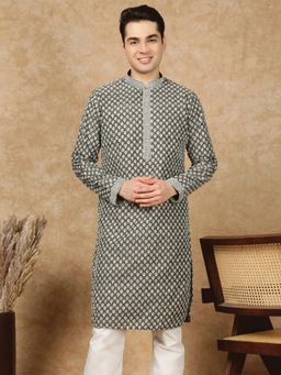 Sanwara - Men's Green Festive Silk Embroidered Kurta