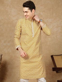 Sanwara - Men's Yellow Festive Silk Embroidered Kurta