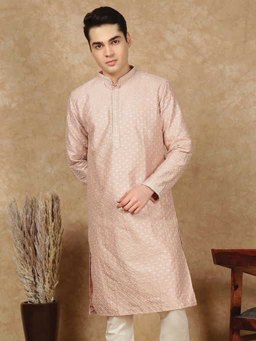 Sanwara Men's Pink Festive Silk Blend Embroidered Kurta