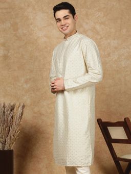 Sanwara - Men's Off White Festive Silk Blend Embroidered Kurta