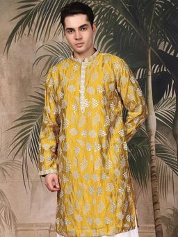 Sanwara - Men's Mustard Festive Silk Embroidered Kurta