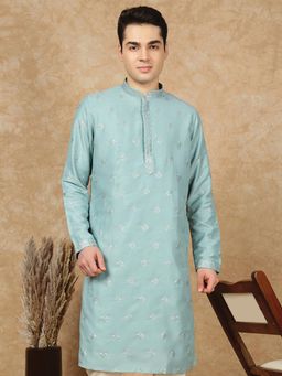 Sanwara - Men's Blue Festive Silk Blend Embroidered Kurta