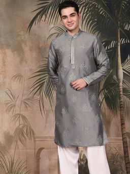 Sanwara - Men's Grey Festive Silk Blend Embroidered Kurta