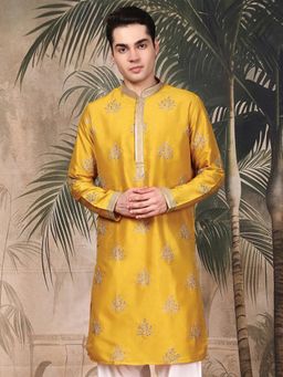 Sanwara - Men's Mustard Festive Silk Blend Embroidered Kurta