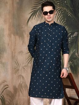 Sanwara - Men's Navy Blue Festive Silk Blend Embroidered Kurta