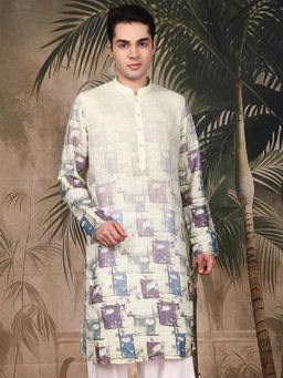 Sanwara - Men's Beige Festive Cotton Floral Kurta