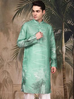 Sanwara - Men's Green Festive Cotton Floral Kurta