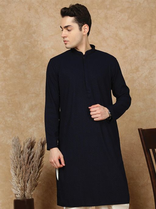 Sanwara Men's Navy Blue Festive Rayon Embroidered Kurta