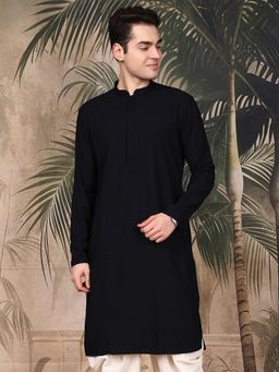 Sanwara - Men's Navy Blue Festive Cotton Embroidered Kurta