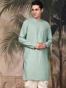 Sanwara - Men's Green Festive Cotton Embroidered Kurta