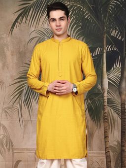 Sanwara - Men's Mustard Festive Cotton Embroidered Kurta