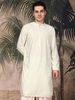 Sanwara - Men's Off White Festive Cotton Embroidered Kurta