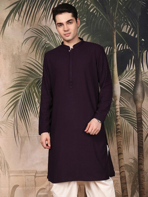 Sanwara Men's Purple Festive Cotton Embroidered Kurta