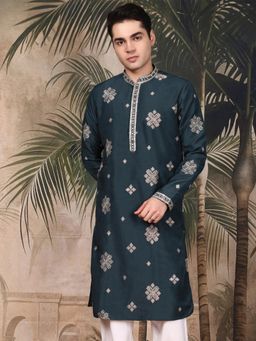 Sanwara - Men's Blue Festive Silk Blend Embroidered Kurta