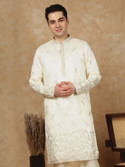 Sanwara - Men's Cream Festive Silk Blend Embroidered Kurta