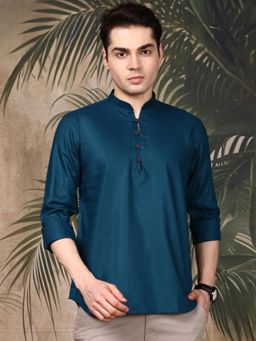 Sanwara - Men's Teal Festive Cotton Solid/Plain Kurta