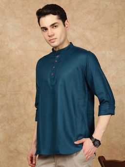 Sanwara - Men's Teal Festive Cotton Blend Solid/Plain Kurta