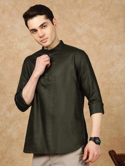 Sanwara - Men's Olive Festive Cotton Blend Solid/Plain Kurta
