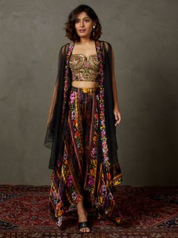 RI.Ritu Kumar - Black & Multi Star Olivia Floral Ensemble Blouse Cape with Pant (Set of 3)