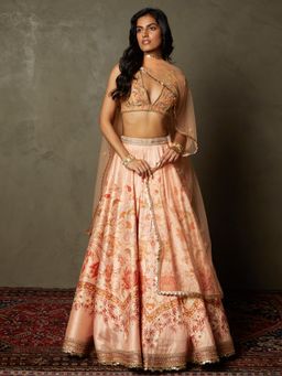 RI.Ritu Kumar - Peach Jardin Floral Lehenga Blouse with Dupatta (Set of 3) (M)