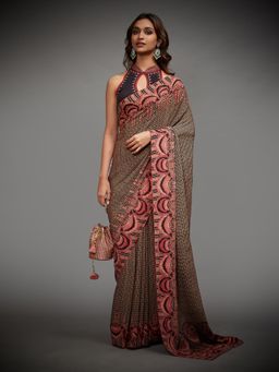 RI.Ritu Kumar - Old Rose & Black Malisha Saree with Stitched Blouse (Set of 2)