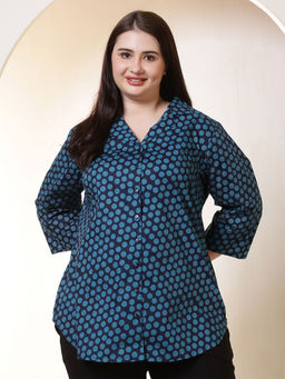 Amydus - Plus Size Navy Blue Polka Print Cuban Collar Shirt