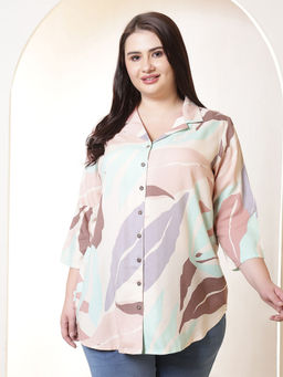 Amydus - Plus Size Multi-Color Abstract Print Cuban Collar Rayon Shirt