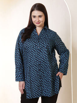 Amydus - Plus Size Navy Blue Polka Print High Slit Styled Cuff Cotton Tunic