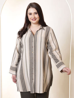 Amydus - Plus Size Beige Striped High Slit Styled Cuff Cotton Tunic