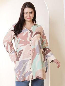 Amydus - Plus Size Multi-Color Abstract Print High Slit Styled Cuff Rayon Tunic