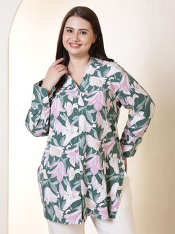 Amydus - Plus Size Green Flower Print High Slit Styled Cuff Rayon Tunic