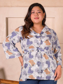 Indietoga Plus Size - Women Plus Size White Abstract Print Rayon Waist Tie-Up Longline Shirt
