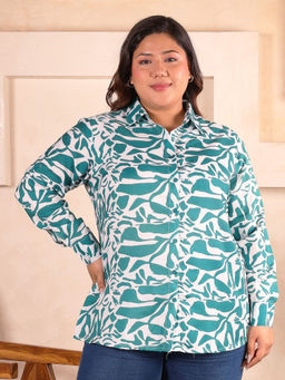 Indietoga Plus Size - Women Plus Size Green Abstract Printed Rayon Longline Shirt
