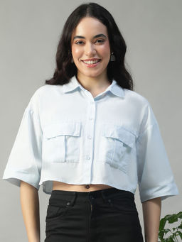 Oxolloxo - Women Solid Blue Collared Crop Shirt
