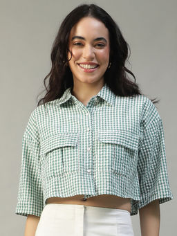 Oxolloxo - Women Green Yarn Dyed Checks Print Collared Crop Shirt