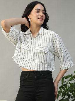 Oxolloxo - Women White Stripes Print Collared Crop Shirt