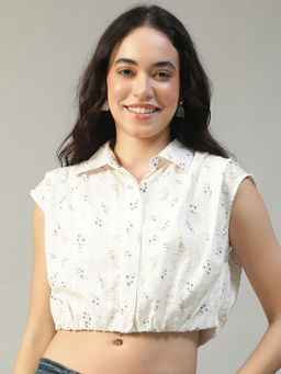 Oxolloxo - Women Off White Floral Print Collared Crop Shirt