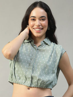 Oxolloxo - Women Green Collared Cotton Crop Shirt