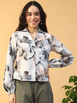 Oxolloxo - Women Multi-Color Marble Print Collared Shirt
