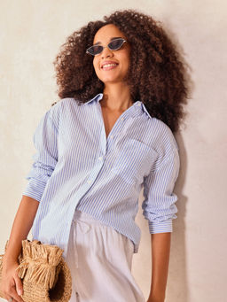 Outzidr - Blue Oversized Stripes Shirt