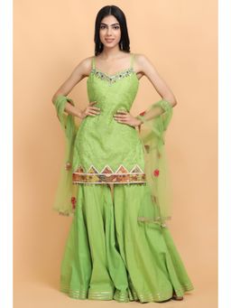 Arpita Sulakshana - Neon Green Kota Kurta Sharara with Dupatta (Set of 3)