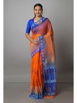 Unnati Silks - Orange Pure Block Printed Kota Cotton Saree with Unstitched Blouse