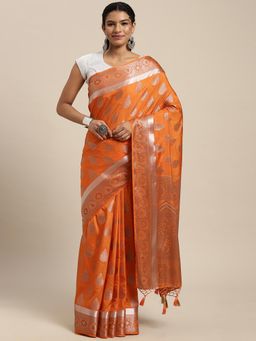 Mimosa - Women's Kanjivaram Art Silk Orange Saree with Unstitched Blouse