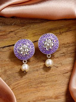 Estele - Rhodium Plated Exquisite Purple Meenakari Pearl Drop Earrings with Kundan for Women