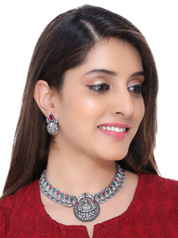Yellow Chimes - Kolhapuri Worked Silver Oxidized Choker Necklace Set for Women