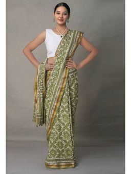 Unnati Silks - Green Pure Preet Block Printed Mulmul Cotton Saree with Unstitched Blouse