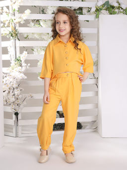 Mini Stitch - Solid Three Fourth Sleeves Co-Ord for Baby Girls - Yellow (Set of 2)