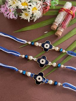 Digital Dress Room - Designer Navy Blue Evil Eye Flower Rakhi Beads Crystal Thread Rakhi (Pack of 3)